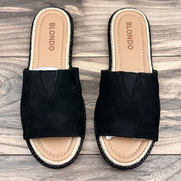 NIB Blondo 8M Waterproof Emilia Black Nubuck Slide Flat Sandals Jute Trim - Picture 3 of 12